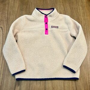 Vineyard Vines Girls Sherpa Quarter Button Tan and Pink Navy